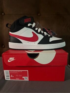 Nike Kids Mid-Top Sneakers in White, Black & Red
